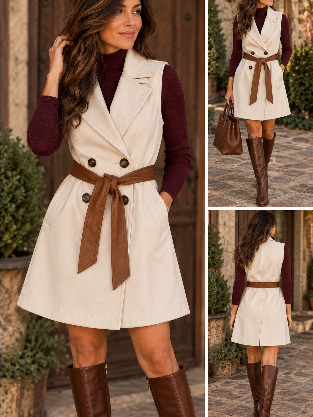 Hem & Thread Cream Sleeveless Trench Dress with Brown Tie Belt #1222CL